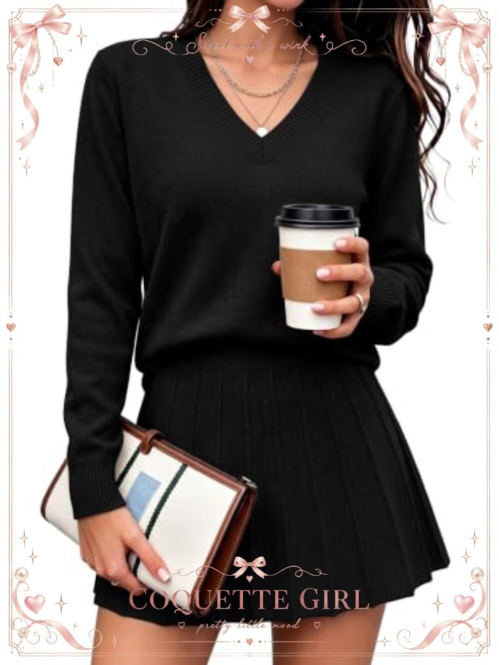 Women's 2 Piece Sweater Skirt Set V Neck Long Sleeve Knit Pullover Pleated Mini